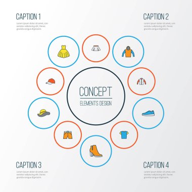 Renkli Anahat Icons Set elbise. Ceket, etek, şık şapkalar ve diğer öğeleri koleksiyonu. Ayrıca tunik, Panama, şapka gibi simgeler içerir.