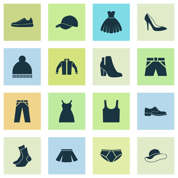 Clothes Icons Set. Collection Of Stylish Apparel, Beanie, Sneakers And Other Elements. Also Includes Symbols Such As Shorts, Jacket, Footwear.
