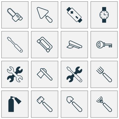 Ekipman Icons Set. Tornavida ile İngiliz anahtarı, parola, kepçe ve diğer öğeleri koleksiyonu. Ayrıca tamir, polis, parola gibi simgeler içerir.