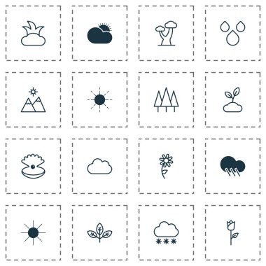 Doğa Icons Set. Su damlaları, yağmur damlası, Filiz ve diğer öğeleri koleksiyonu. Ayrıca su, ağaç, bulutlu gibi simgeler içerir.