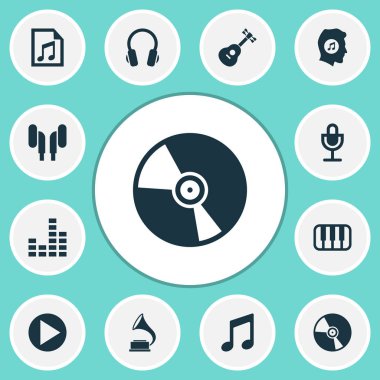 Müzik simgeler kümesi. Kulaklık, araç, fonograf ve diğer öğeleri koleksiyonu. Ayrıca Octave, Cd, piyano gibi simgeler içerir.