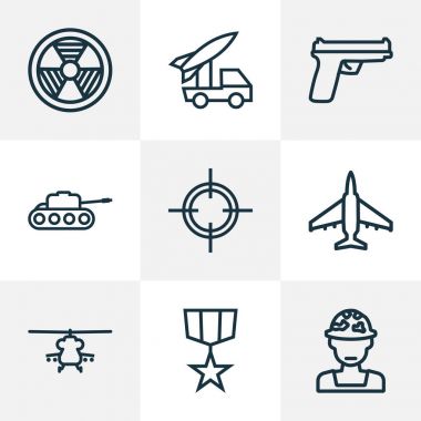 Anahat Icons Set mücadele. Memur bey, silah, Panzer ve diğer öğeleri koleksiyonu. Ayrıca el bombası, memur, Hazar gibi simgeler içerir.