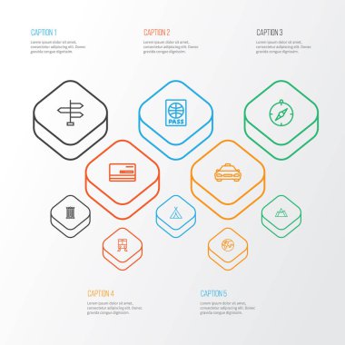 Keşif anahat simgelerini belirlemek. Yön, toprak, gölgelik ve diğer öğeleri koleksiyonu. Ayrıca Hill, tren, sertifika gibi simgeler içerir.