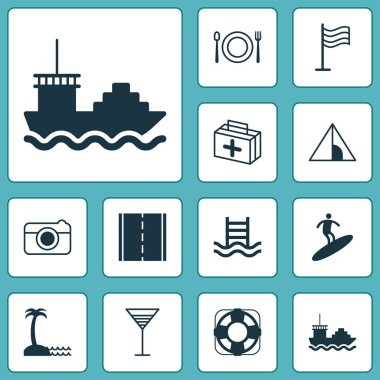 Turizm Icons Set. İlk yardım çantası, kargo tekne, sokak ve diğer öğeleri koleksiyonu. Ayrıca Havzası, Restoran, sörf gibi simgeler içerir.