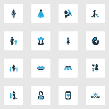 Anneler günü renkli simge tasarım konsepti. Duygu, dudaklar ve Madam 16 gibi öğeleri kümesi. Yeni doğmuş bebek, anne ve elbise için güzel sembolleri.