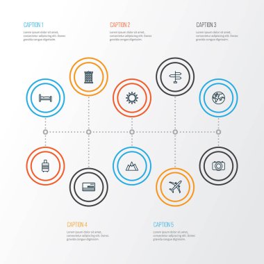 Keşif anahat simgelerini belirlemek. Uçak, Hill, toprak ve diğer öğeleri koleksiyonu. Ayrıca valiz, toprak, yön gibi simgeler içerir.