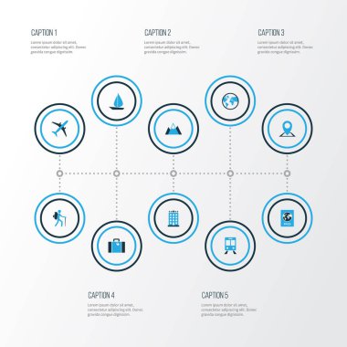 Renkli simgeler kümesi seyahat. Otel, tren, bavul ve diğer öğeleri koleksiyonu. Ayrıca uçak, dağlar, metro gibi simgeler içerir.