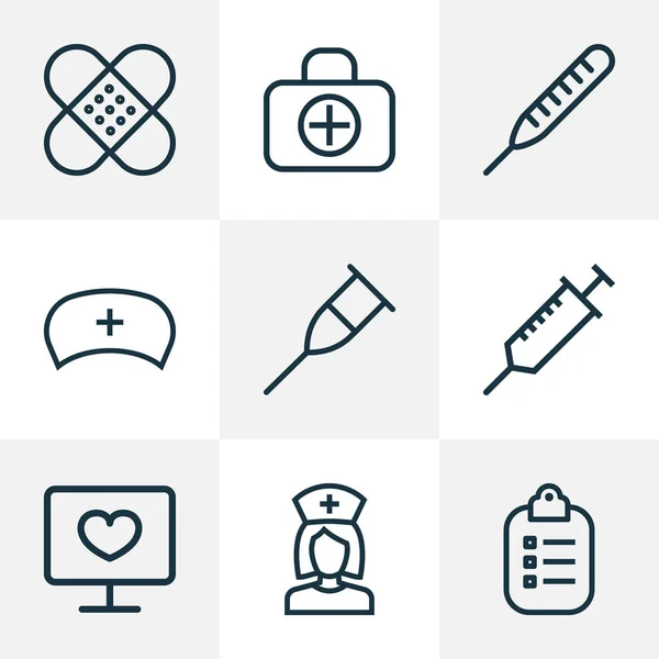 Antibiotica overzicht Icons Set. Collectie van Thermometer, Fist steun, verpleegkundige en andere elementen. Ook bevat symbolen zoals injectie, Record, gips. — Stockvector