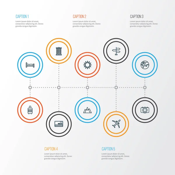 Esquema de exploración Conjunto de iconos. Colección de Plano, Colina, Tierra y Otros Elementos. También incluye símbolos como Valise, Tierra, Dirección . — Vector de stock