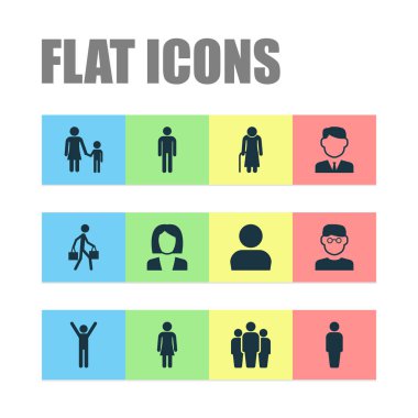 İnsanlar simgeler kümesi. İş adamı, bilim adamı, iş kadını ve diğer öğeleri koleksiyonu. Kullanıcı, akıllı, iş gibi semboller de içerir.