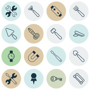 Ekipman Icons Set. Tornavida ile İngiliz anahtarı, kesme makineleri, macun ve diğer öğeleri koleksiyonu. Ayrıca tamir, saat, tornavida gibi simgeler içerir.