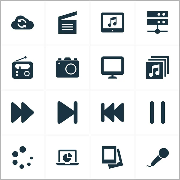 Multimedia Icons Set. Collectie Album, Infographic, microfoon en andere elementen. Ook symbolen zoals toepassing, wachten, terugspoelen. — Stockvector