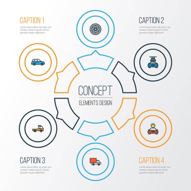 Otomobil renkli anahat simgelerini belirlemek. Çamaşır, pikap, minibüs ve diğer öğeleri koleksiyonu. Ayrıca su, tekerlek, Van gibi simgeler içerir.