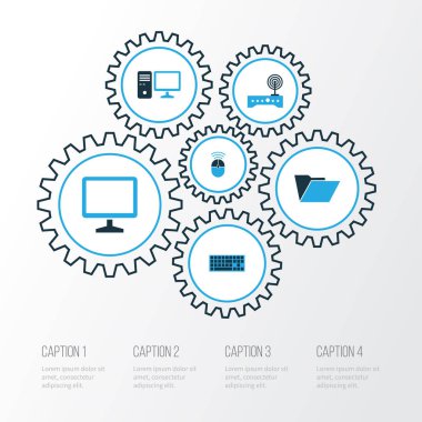 Donanım renkli simgeler kümesi. Tuş takımı, bilgisayar, denetim ve diğer öğeleri koleksiyonu. Kişisel, Modem, kontrol gibi semboller de içerir.