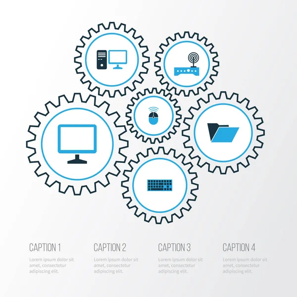Donanım renkli simgeler kümesi. Tuş takımı, bilgisayar, denetim ve diğer öğeleri koleksiyonu. Kişisel, Modem, kontrol gibi semboller de içerir.