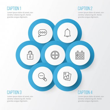 Ağ Icons Set. Mesaj kabarcık, pozitif, manzara fotoğraf öğeler topluluğu. Ayrıca Bell, Almanak'ı, kabarcık gibi simgeler içerir.