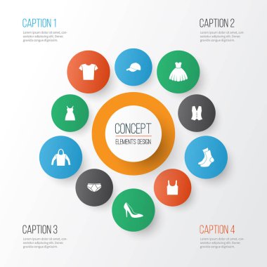 Icons Set elbise. Elbise, külot, kazak ve diğer öğeleri koleksiyonu. Ayrıca giyim, Sarafan, Ayakkabı gibi simgeler içerir.