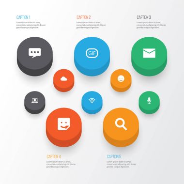 Medya Icons Set. Görüntülü sohbet, GIF etiket, bulutlu ve diğer öğeleri koleksiyonu. Ayrıca Emoji, mektup, Video gibi simgeler içerir.