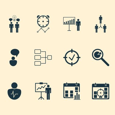 Yönetim Icons Set. Ortak çalışma, özel gösteri, proje hedefleri ve diğer öğeleri koleksiyonu. Ayrıca proje, özellik, araştırma gibi simgeler içerir.