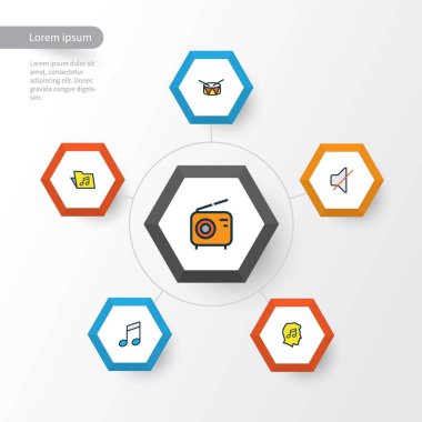 Ses renkli anahat simgelerini belirlemek. Ses, sessiz, varil ve diğer öğeleri koleksiyonu. Ayrıca Bit, kapak, notlar gibi simgeler içerir.