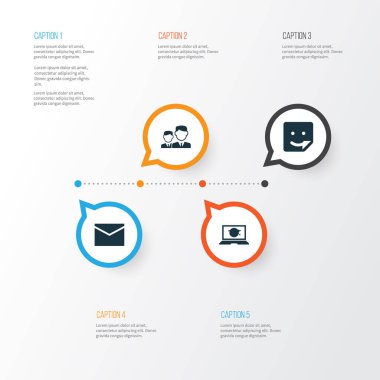 Sosyal simgeler kümesi. Sohbet, Laptop, ortaklık ve diğer öğeleri koleksiyonu. Ortaklık, sohbet, Web gibi semboller de içerir.