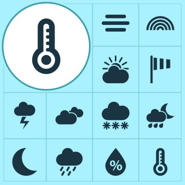 Hava Icons Set. Pislik, renkler, karlı ve diğer öğeleri koleksiyonu. Ayrıca gökkuşağı, bulut, yağmur gibi simgeler içerir.