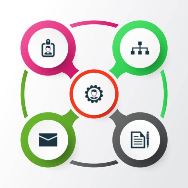 Ticaret simgeler kümesi. Lider, zarf, kimlik kartı ve diğer öğeleri koleksiyonu. Ayrıca posta, kimlik, yapı gibi simgeler içerir.