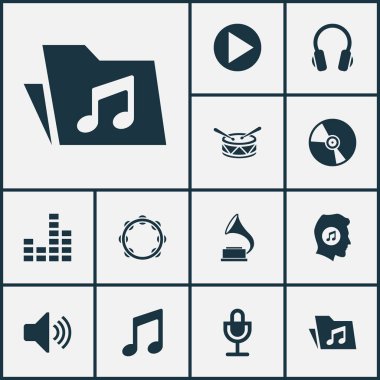 Ses simgeler kümesi. Timbrel, fonograf, varil ve diğer öğeleri koleksiyonu. Ayrıca, tef, kulaklık, kulaklık gibi simgeler içerir.