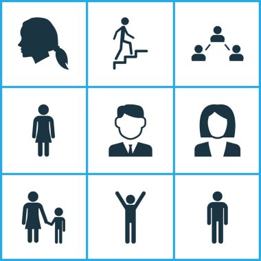 Kişi simgeler kümesi. İş adamı, merdiven, ağ ve diğer öğeleri koleksiyonu. Ayrıca aile, körpe, işadamı gibi simgeler içerir.