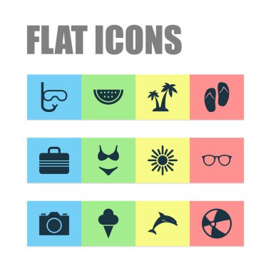 Sezon Icons Set. Bagaj, Video, balon ve diğer öğeleri koleksiyonu. Ayrıca sandalet, şemsiye, Video gibi simgeler içerir.