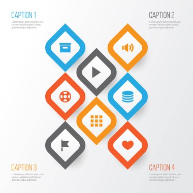 Icons Set Arabirimi. Uygulama, Db, hedef ve diğer öğeleri koleksiyonu. Ayrıca Lifebuoy, depolama, ruh gibi simgeler içerir.