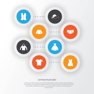 Giysi simgeler kümesi. Casual, Sarafan, özetleri ve diğer öğeleri koleksiyonu. Sarafan, şapka, giymek gibi semboller de içerir.