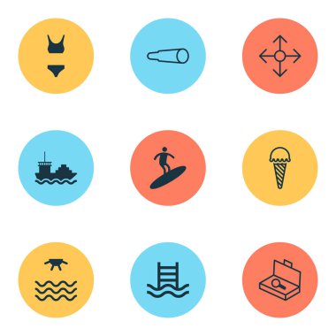 Turizm Icons Set. Kostüm, Büyüteç gözlük, gün doğumu ve diğer öğeleri banyo koleksiyonu. Ayrıca iç çamaşırı, Büyüteç, deniz gibi simgeler içerir.