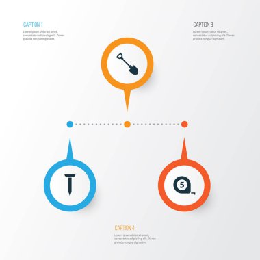 Araçlar simgeler kümesi. Kazma, metre, cıvata ve diğer öğeleri koleksiyonu. Kazma, cıvata, kazmak gibi semboller de içerir.