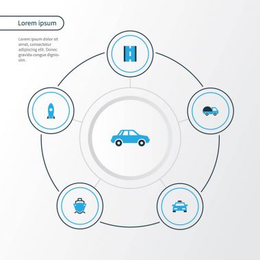 Ulaşım renkli simgeler kümesi. Tanker, füze, taksi ve diğer öğeleri koleksiyonu. Ayrıca deniz, yol, otomatik gibi simgeler içerir.