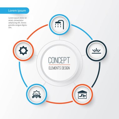 Ramazan Icons Set. Vücut temizliği, şafak, sekizgen yıldız ve diğer öğeleri koleksiyonu. Gıda, sabah, şafak gibi semboller de içerir.