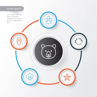 Hayvan Icons Set. Ördek, boz ayı, Butterflyfish ve diğer öğeleri koleksiyonu. Ayrıca şempanze, yaban ördeği, pençe gibi simgeler içerir.