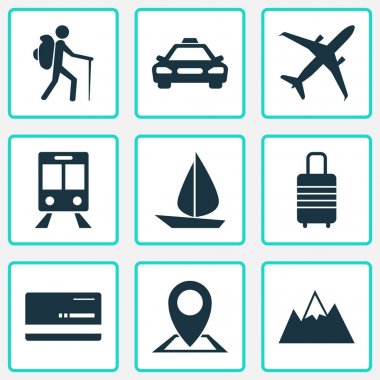 Icons Set seyahat. Tekne, kara, demiryolu taşıma öğeleri koleksiyonu. Ayrıca uçak, banka, dağ gibi simgeler içerir.