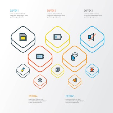 Medya renkli simgeler kümesi özetlenmiştir. Ücret, tam dolu pil, önceki ve diğer öğeleri koleksiyonu. Ayrıca disk, Quaver, vinil gibi simgeler içerir.