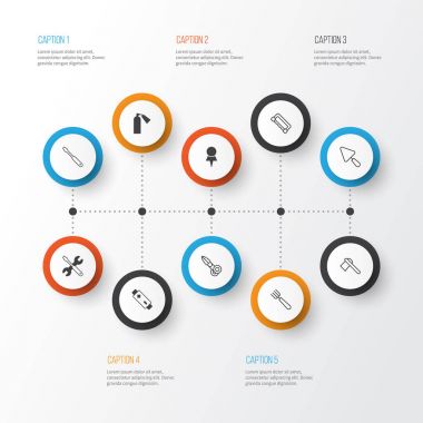 Ekipman Icons Set. Marangozluk, dönüş vida, Bahçe çatal ve diğer öğeleri koleksiyonu. Ayrıca Pin, Yaba, yangın gibi simgeler içerir.