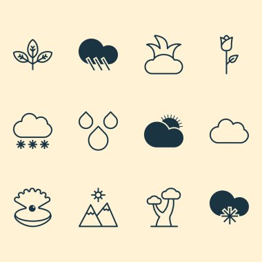 Dünya Icons Set. Yağmur damlası, kar fırtınası, meşe ve diğer öğeleri koleksiyonu. Ayrıca şube, peyzaj, dağlar gibi simgeler içerir.