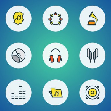 Müzik renkli anahat simgelerini belirlemek. Hoparlör, kulaklık, sevgilisi ve diğer öğeleri koleksiyonu. Ayrıca fanatik, klasör, ekolayzer gibi simgeler içerir.