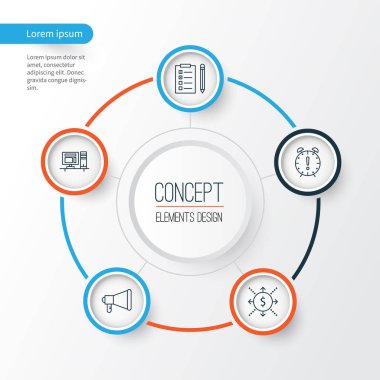 Proje simgeler kümesi. Bilgisayar, duyuru, zaman yönetimi ve diğer öğeleri koleksiyonu. Ayrıca, zaman, para, çalışma alanı gibi simgeler içerir.