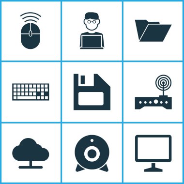 Bilgisayar simgeleri ayarlayın. Yönlendirici, programcı, tuş takımı ve diğer öğeleri koleksiyonu. Ayrıca ekran, yumuşak ve sarkık, ağaç gibi simgeler içerir.