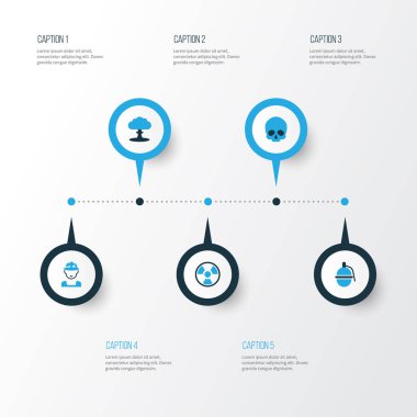 Savaş renkli simgeler kümesi. Patlama, kafatası, el bombası ve diğer öğeleri koleksiyonu. Ayrıca ordu, memur, radyasyon gibi simgeler içerir.