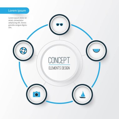 Yaz renkli simgeler ayarlayın. Tekne, güneş gözlüğü, Lifebuoy ve diğer öğeleri koleksiyonu. Ayrıca güneş gözlüğü, gemi, fotoğraf gibi simgeler içerir.