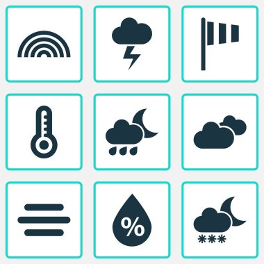 Hava Icons Set. Bayrak, her gece, yıldırım ve diğer öğeleri koleksiyonu. Ayrıca soğuk gökkuşağı, pus gibi simgeler içerir.