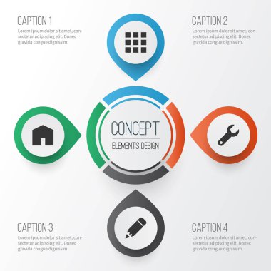 Kullanıcı simgeleri ayarlayın. Ev, İngiliz anahtarı, kalem ve diğer öğeleri koleksiyonu. Ayrıca House, İngiliz anahtarı, dişli gibi simgeler içerir.