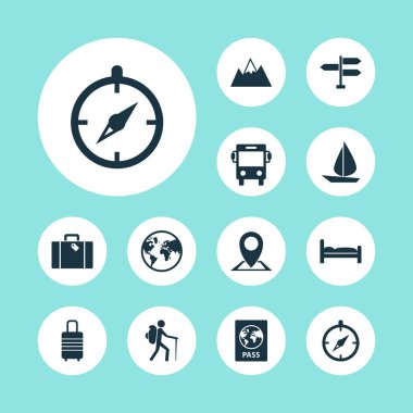 Yolculuk Icons Set. Gezegen, Mount, çanta ve diğer öğeleri koleksiyonu. Ayrıca araba, ok, bavul gibi simgeler içerir.