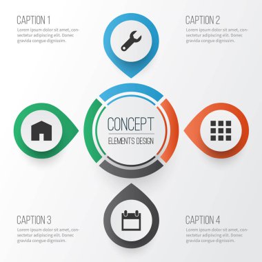 Icons Set Arabirimi. İngiliz anahtarı, ev, tarihi ve diğer öğeleri koleksiyonu. Ayrıca App, takvim, programlar gibi simgeler içerir.